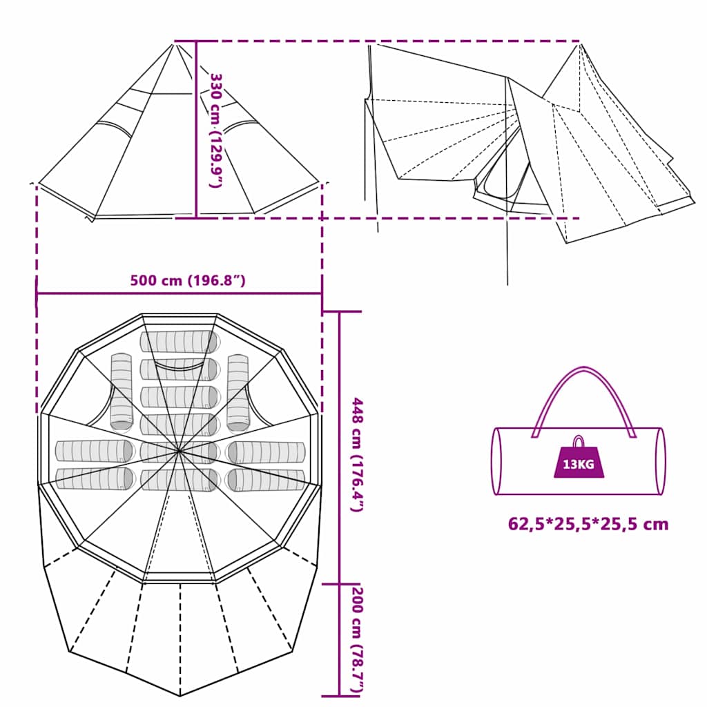 Tipi telt med tag med opbevaring Grøn 510 x 690 x 330 cm taft