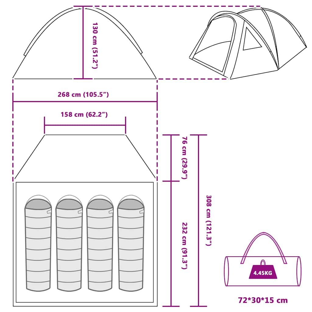 Camping telt med tag Blå 308 x 268 x 130 cm Polyester
