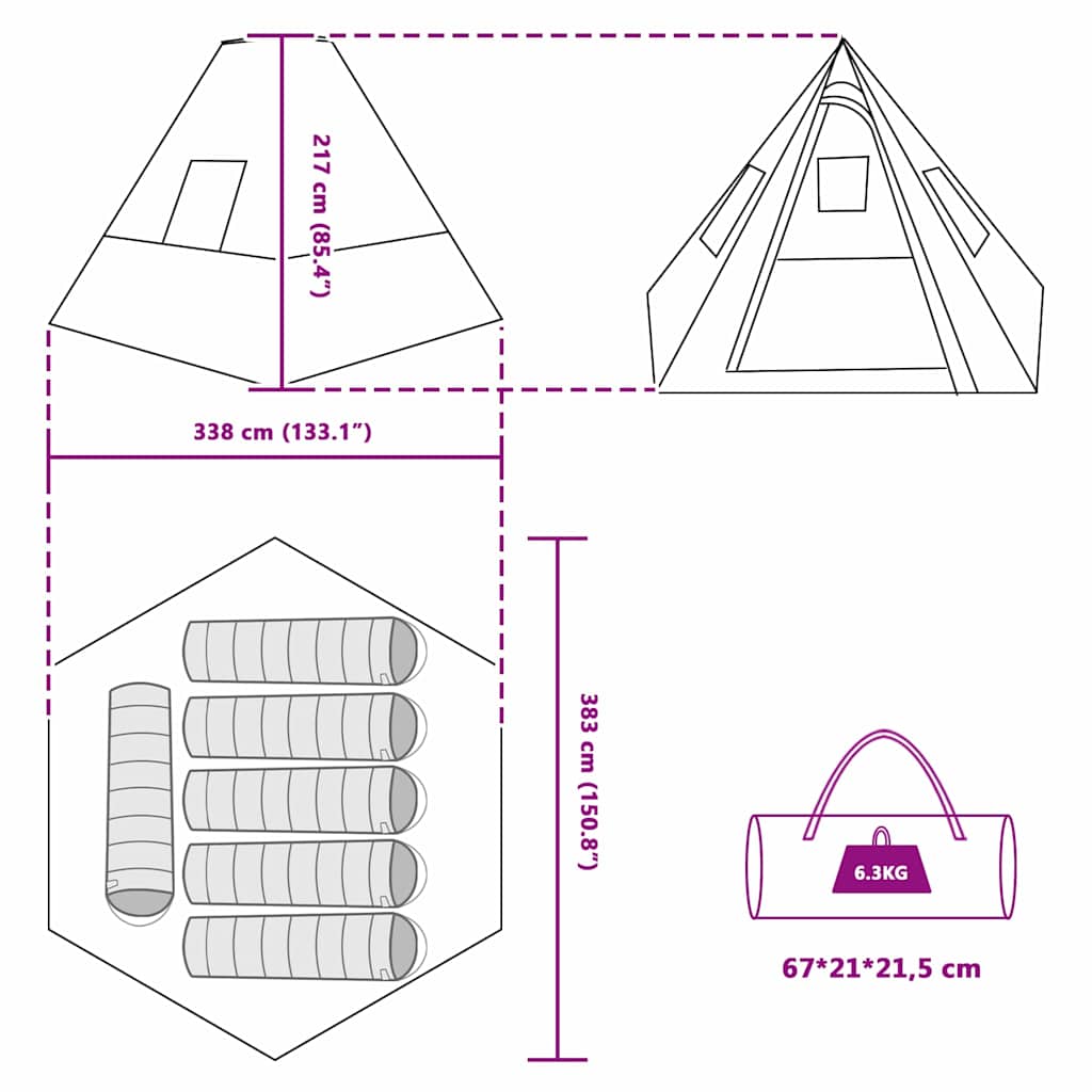 Tipi telt med tag med opbevaring Blå 383 x 338 x 217 cm taft