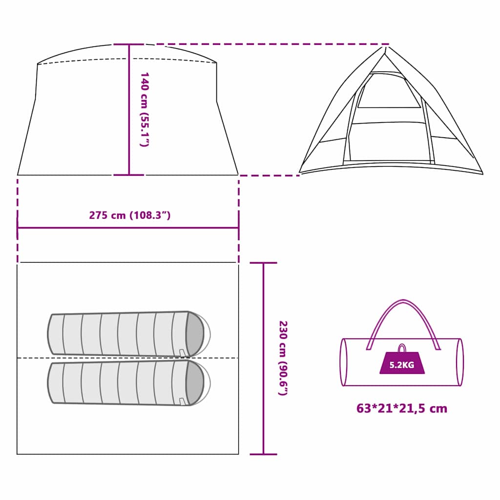 Camping telt med tag Grøn 275 x 230 x 140 cm taft