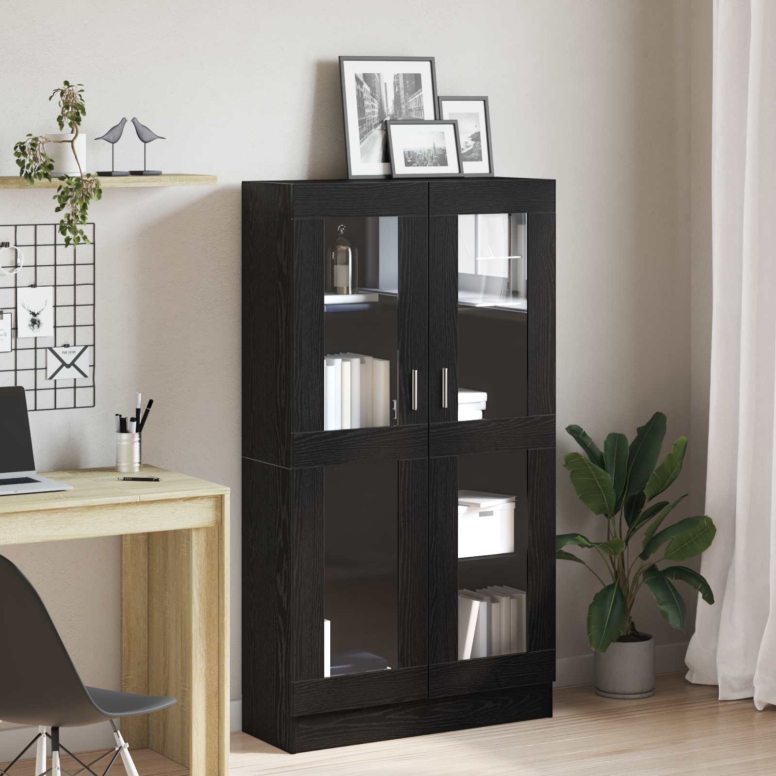 Bogskab i sort eg - 82,5 × 30,5 × 150 cm, konstrueret træ med glasdøre