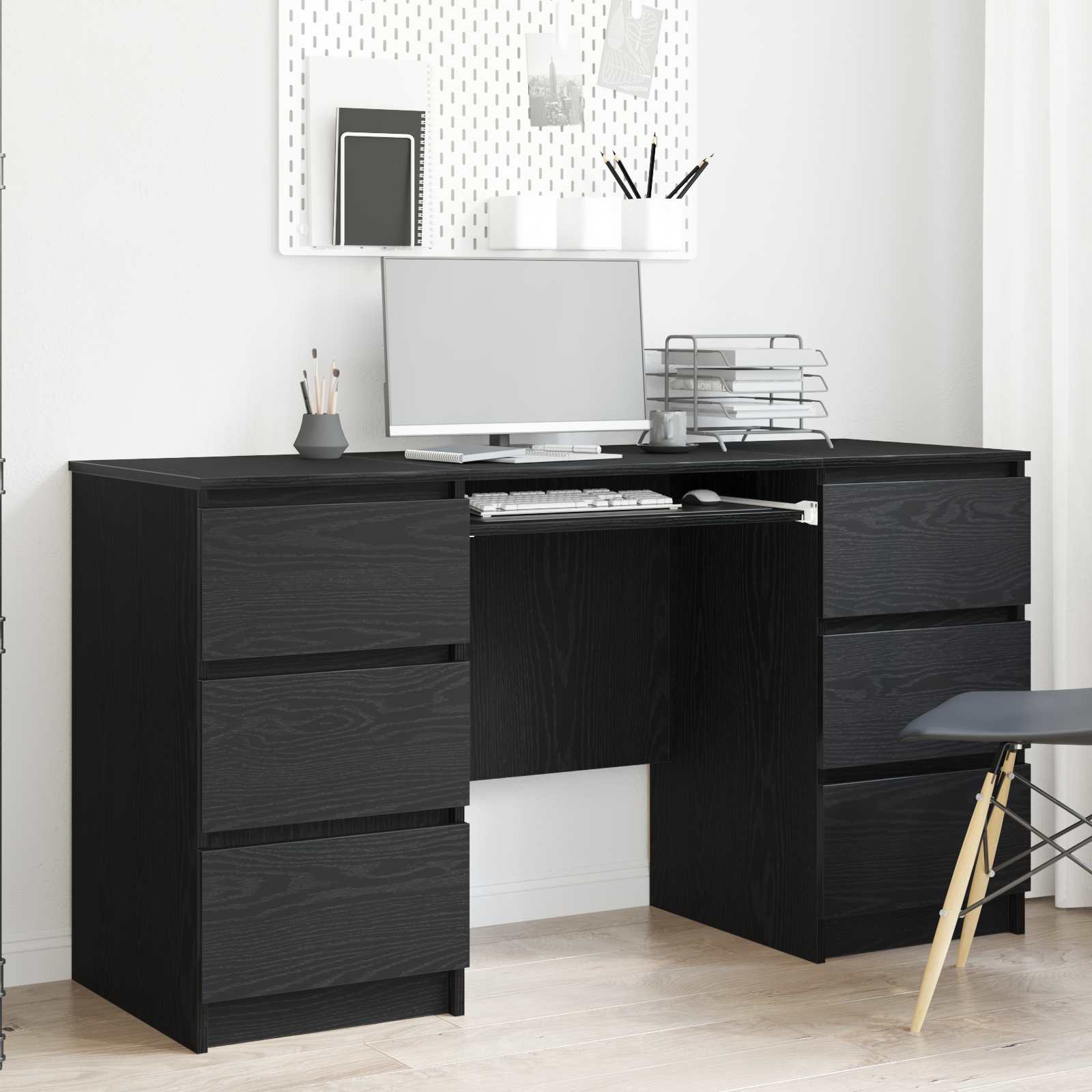 Skrivebord med skuffe - sort eg, 140 × 50 × 76 cm, konstrueret træ