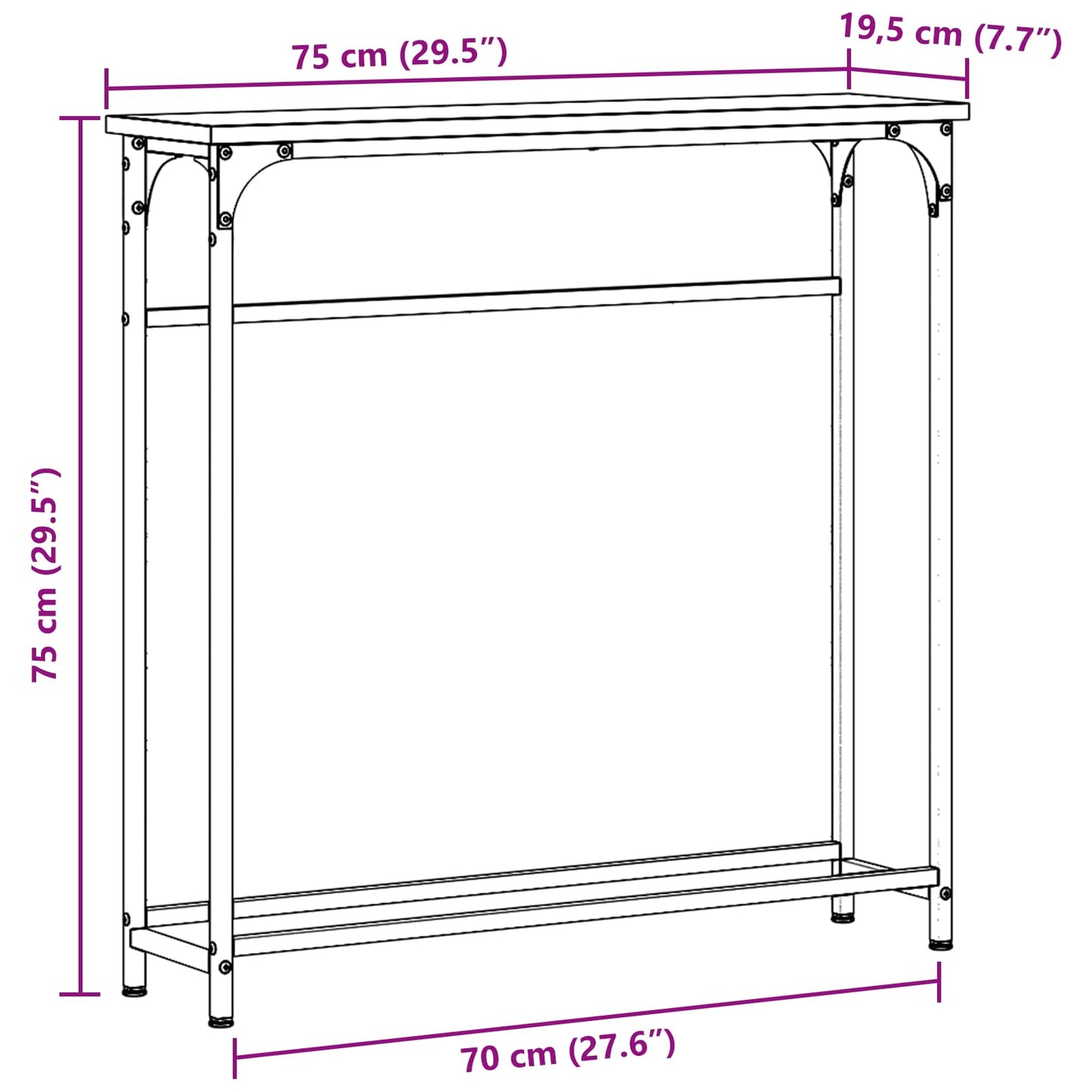 Konsolbord med hylde Sort eg 75 x 19,5 x 75 cm Konstrueret træ