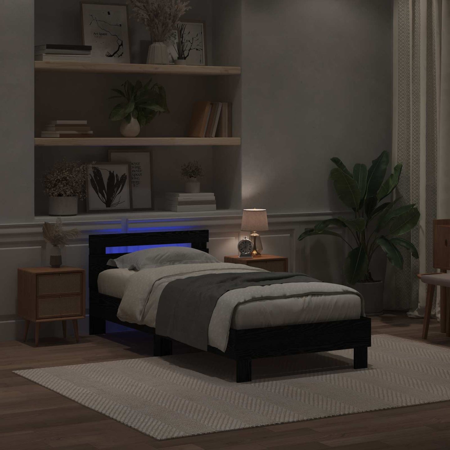 Sengestel med LED Sort eg 90 x 190 cm Konstrueret træ