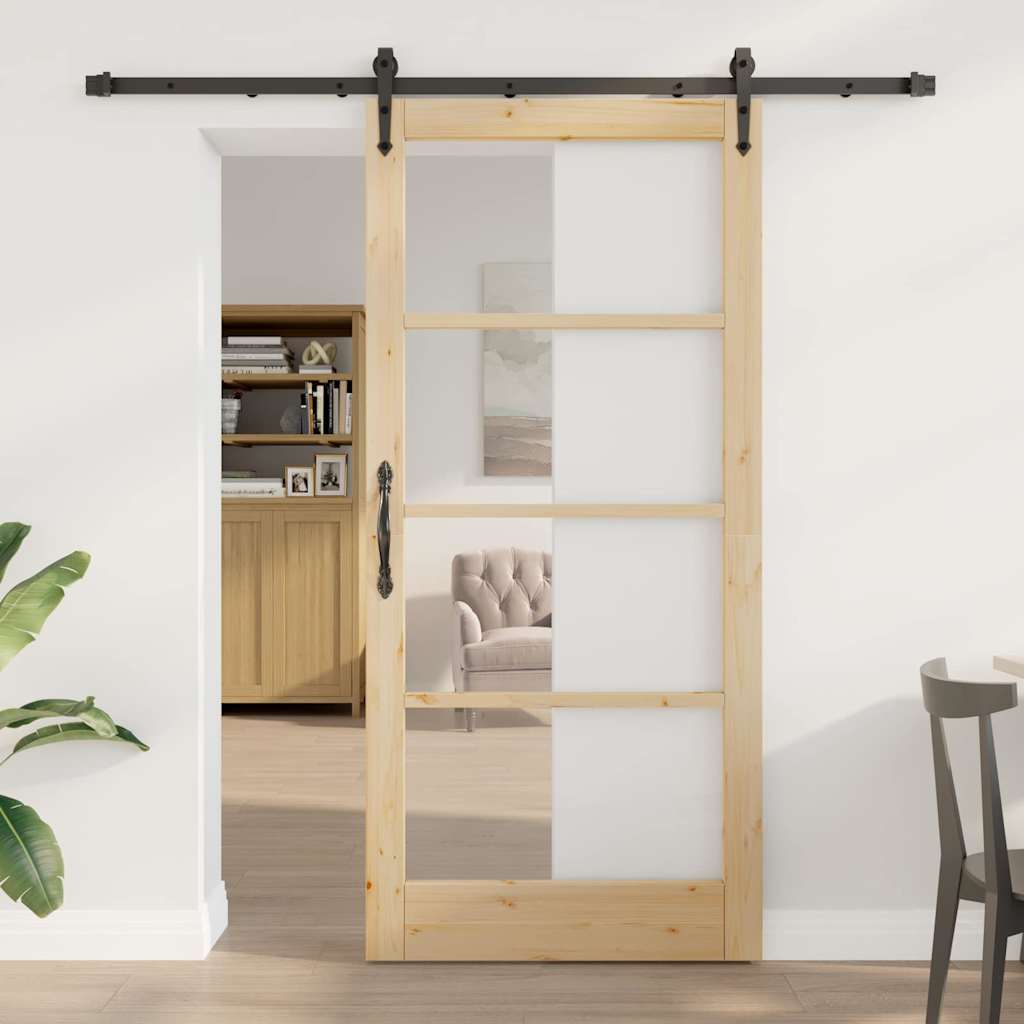 Skydedør Naturlig og sort 93 x 202 cm Massivt fyrretræ og glas