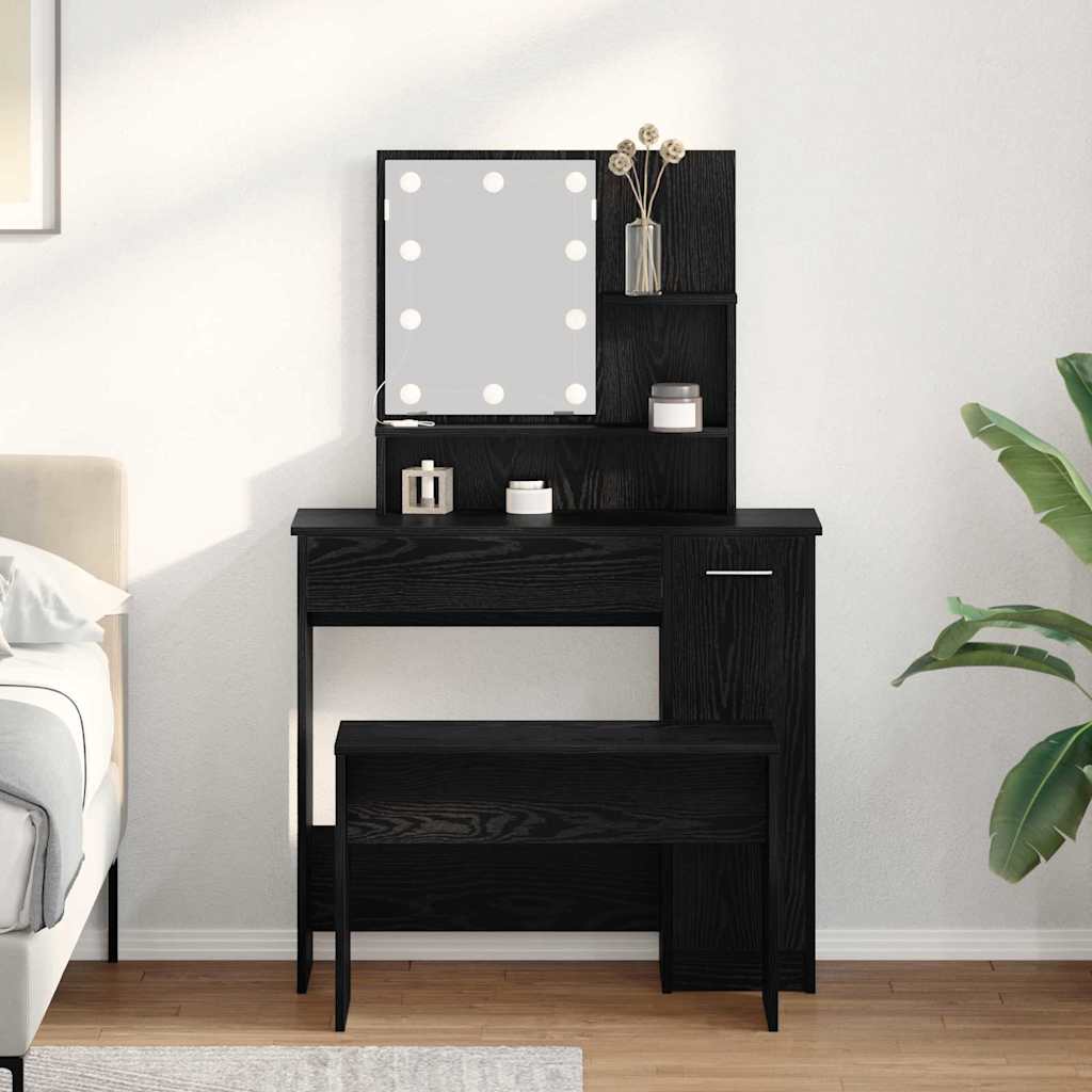 LED Smykkebord Set med spejllys 2 pcs Sort eg Konstrueret træ