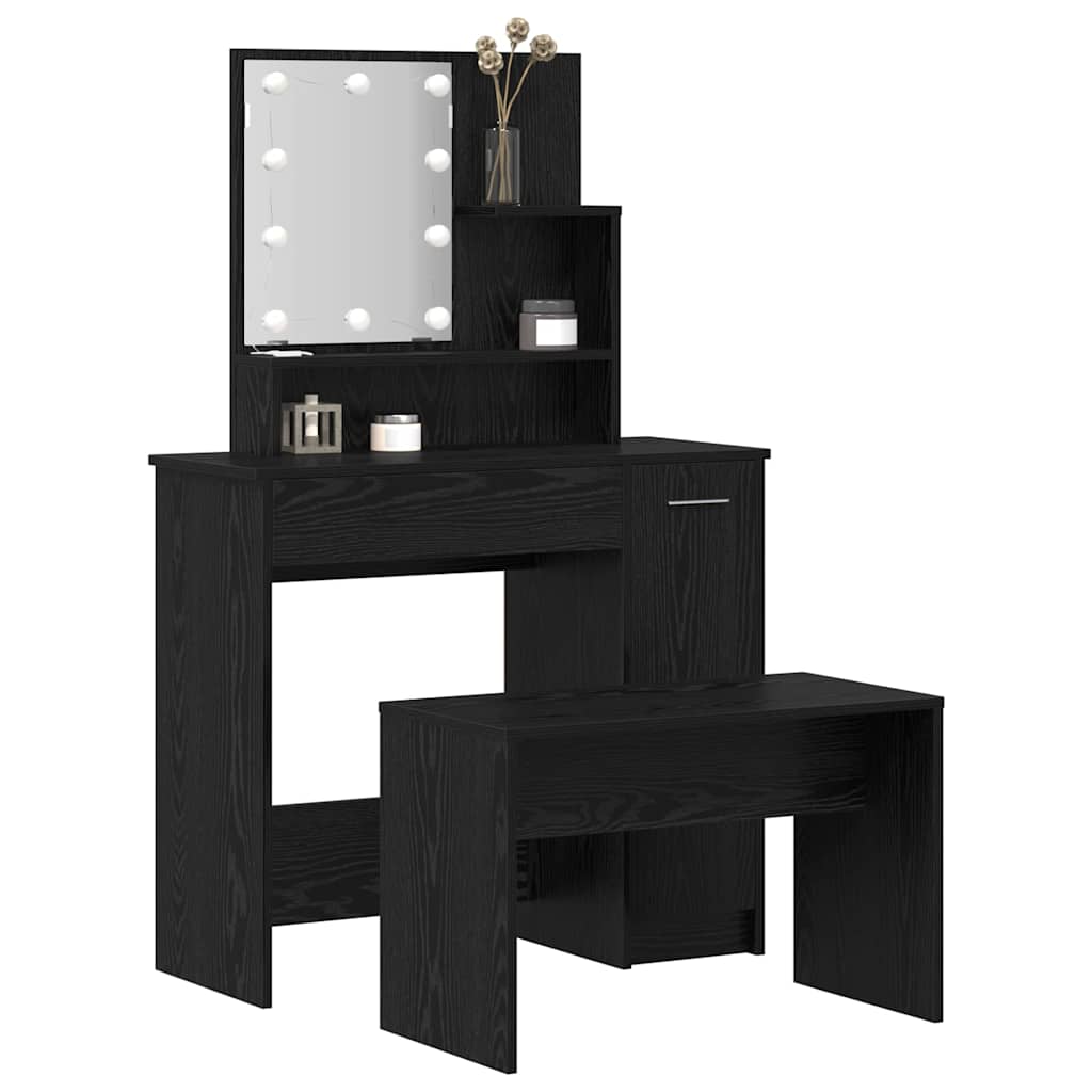 LED Smykkebord Set med spejllys 2 pcs Sort eg Konstrueret træ
