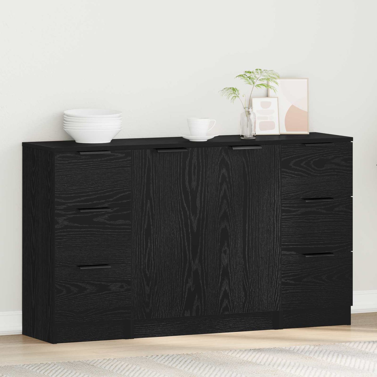 Sideboard med skuffe 3 pcs Sort eg Konstrueret træ