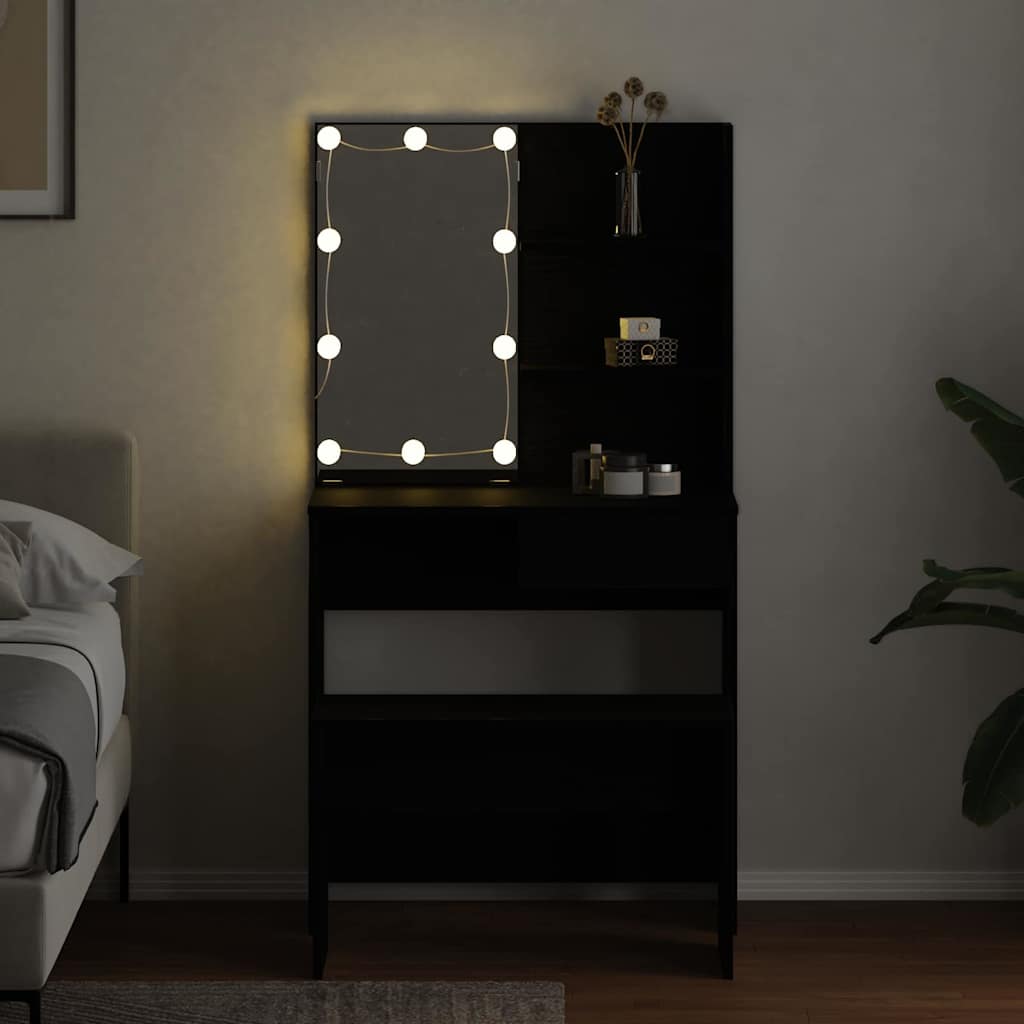 LED Smykkebord Set med spejllys 2 pcs Sort eg Konstrueret træ