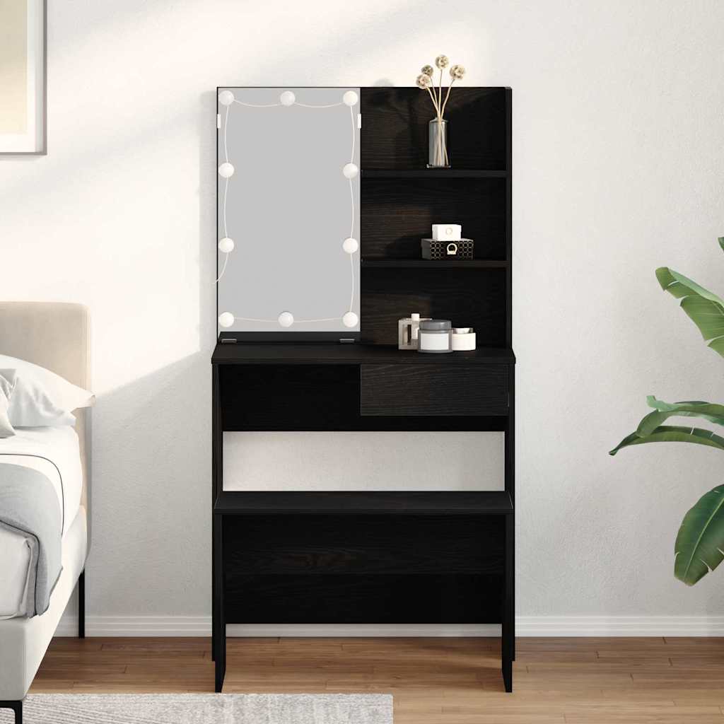LED Smykkebord Set med spejllys 2 pcs Sort eg Konstrueret træ