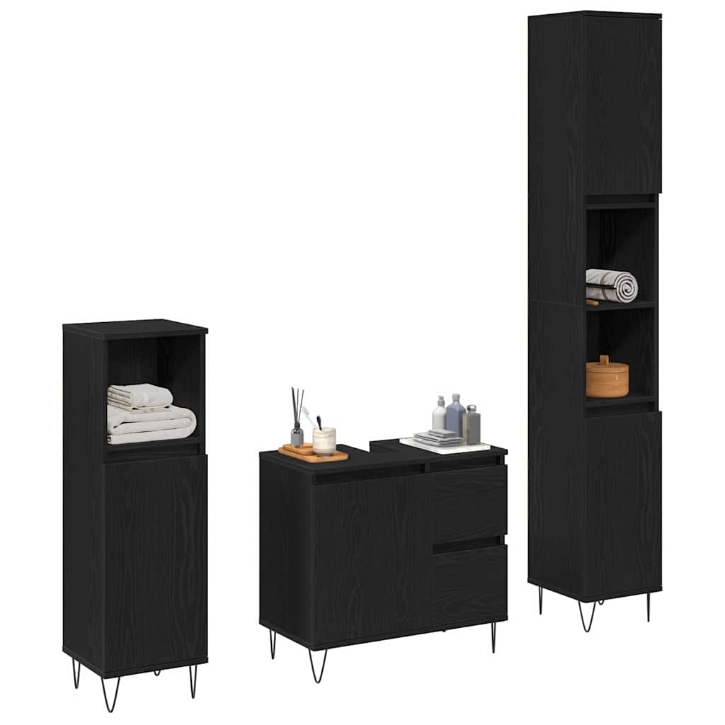 Badeværelsesmøbel sæt med skuffe 3 pcs Sort eg 30 x 30 x 190 cm