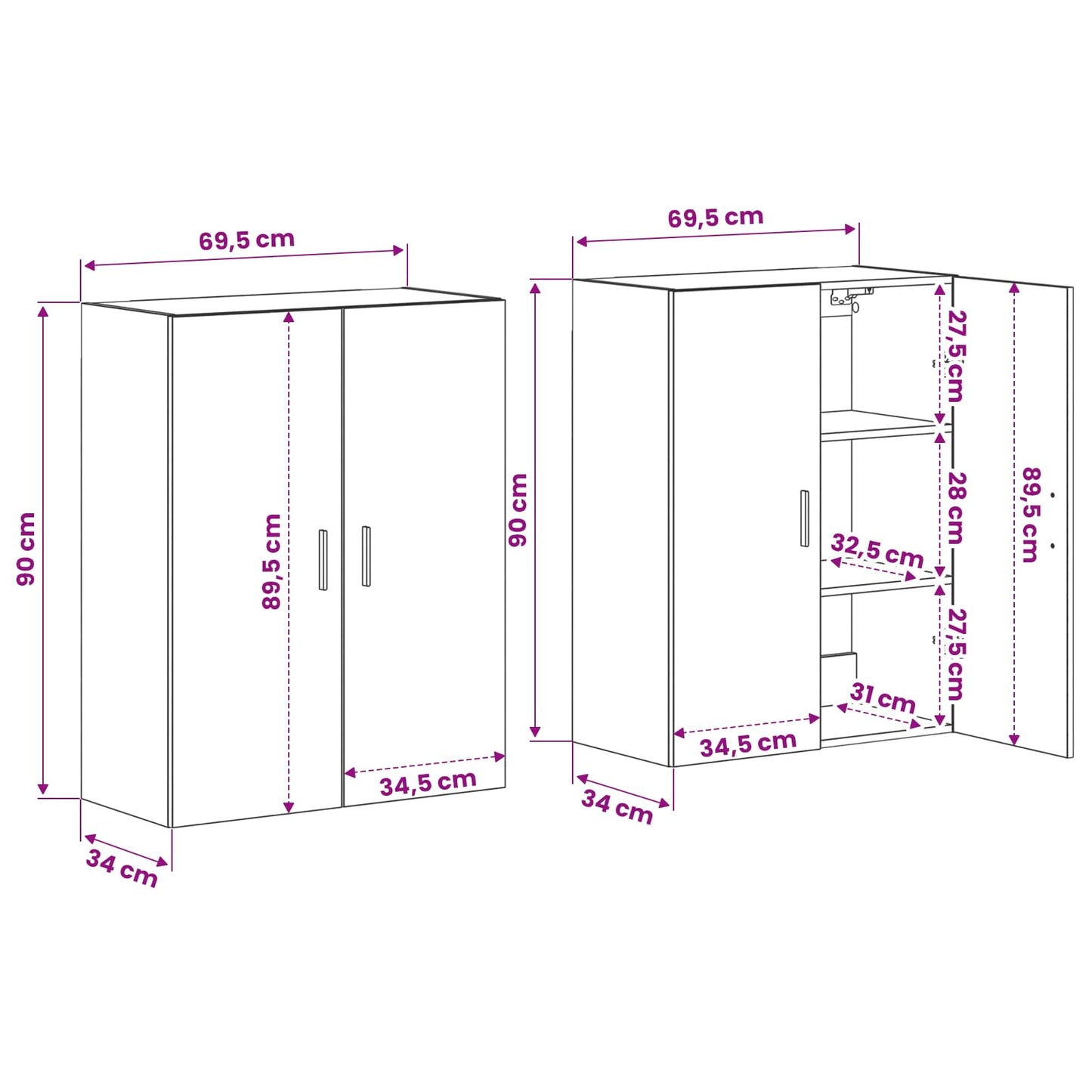 Vægmonteret skab 2 stk. Sort eg 69,5 x 34 x 90 cm