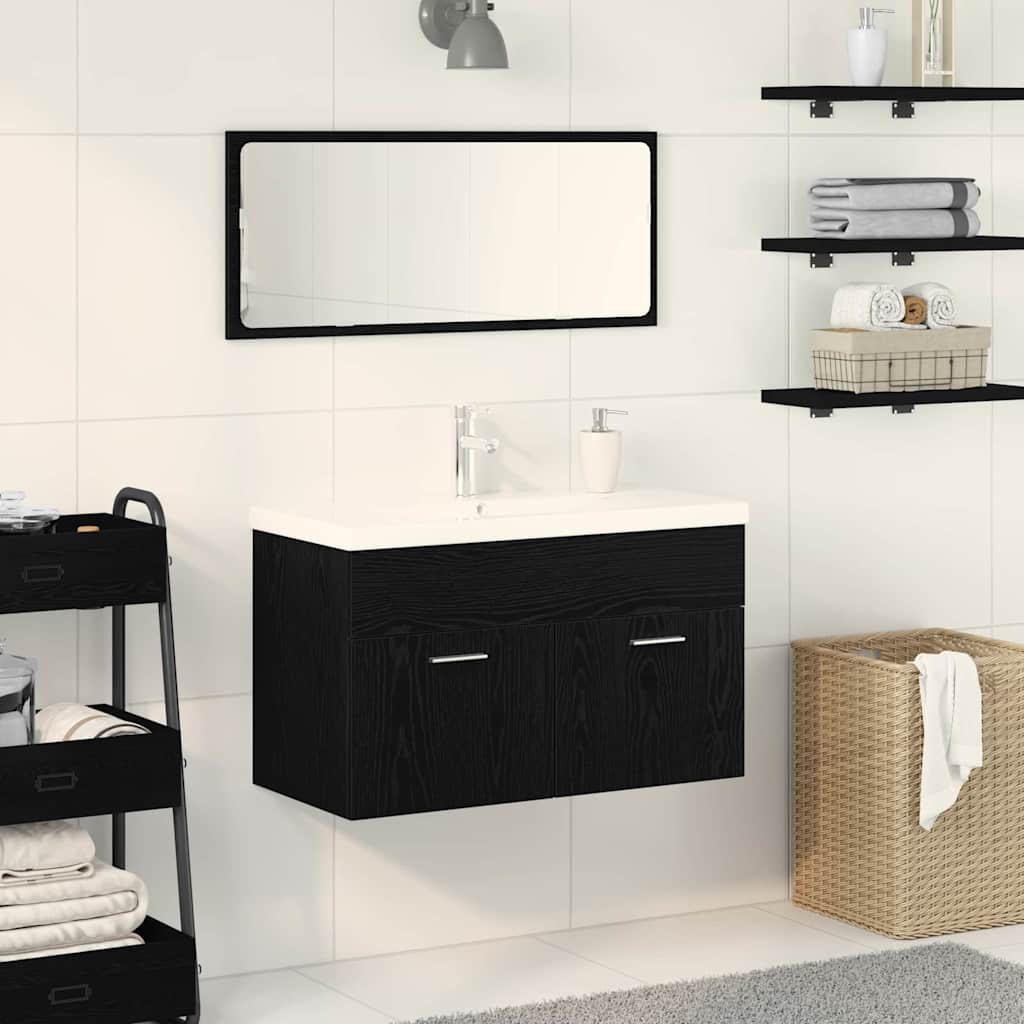 Badeværelsesskab med vask - sort eg, 90 × 38,5 × 46 cm, konstrueret træ