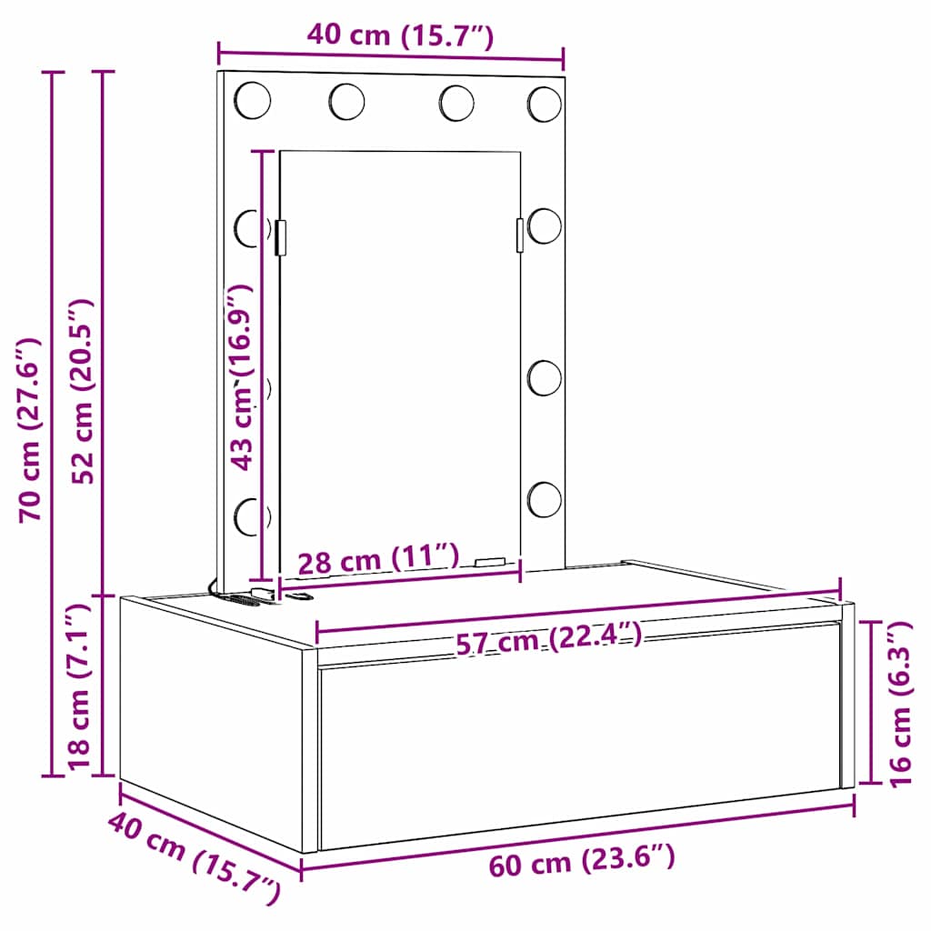 Klædeskab med spejllys Grå 60 x 40 x 70 cm Konstrueret træ