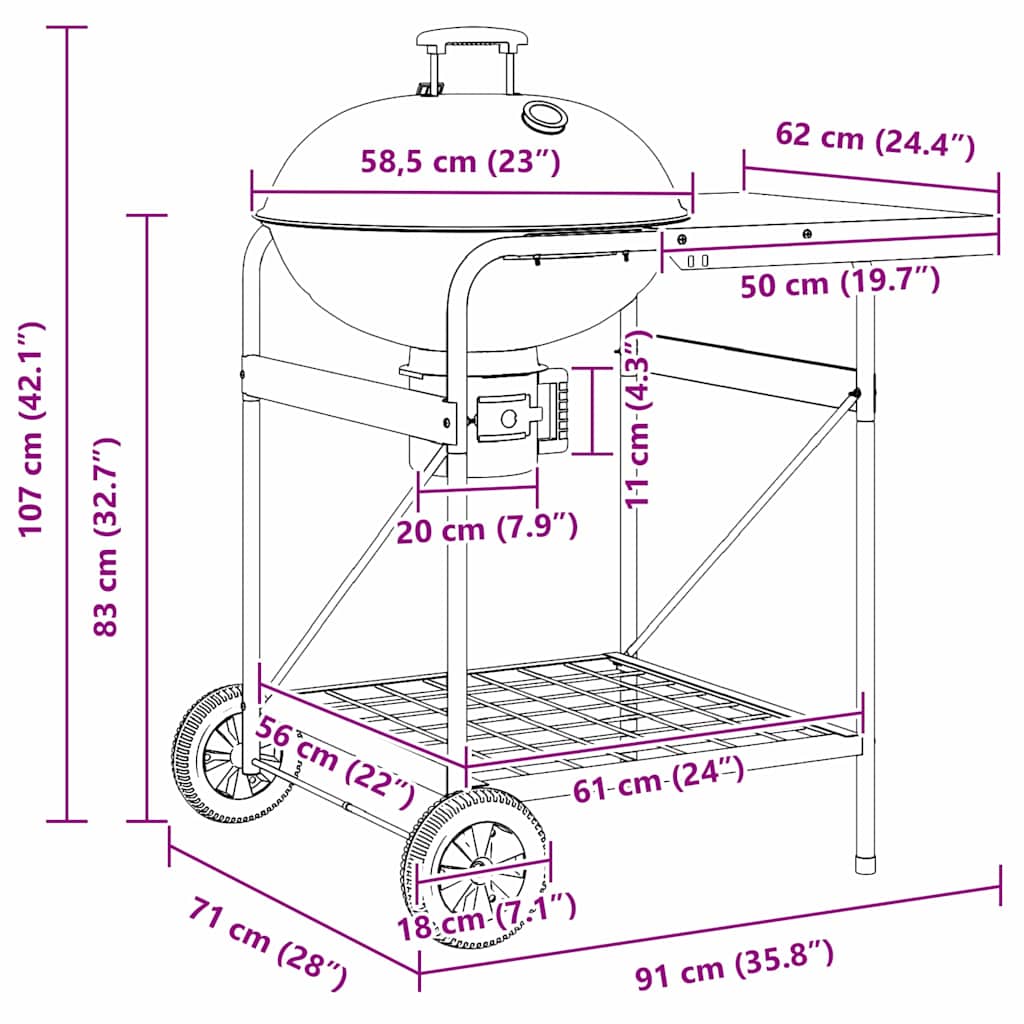 Udendørs grill med hjul Sort 91 x 71 x 107 cm Metal