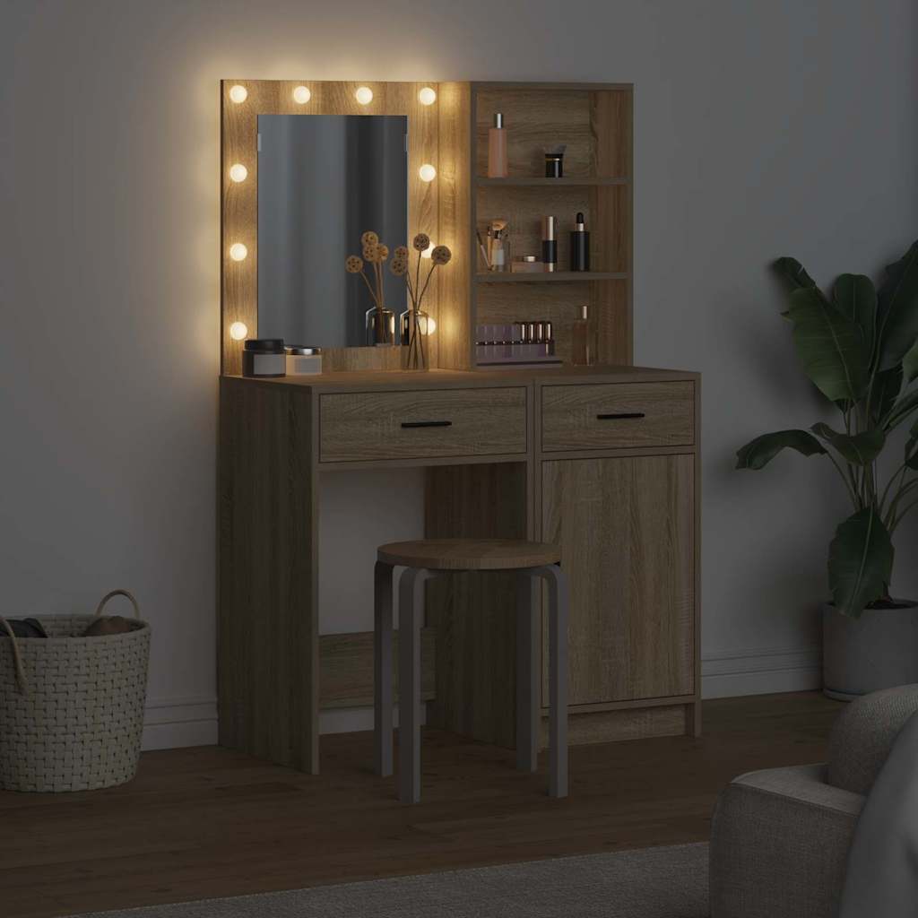 Makeupbord sæt med LED med dør 2 pcs Sonoma eg Konstrueret træ