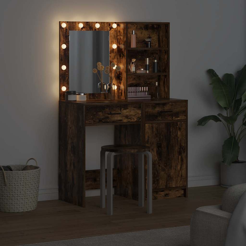 Makeupbord sæt med LED med hylde 2 pcs Røget eg Konstrueret træ