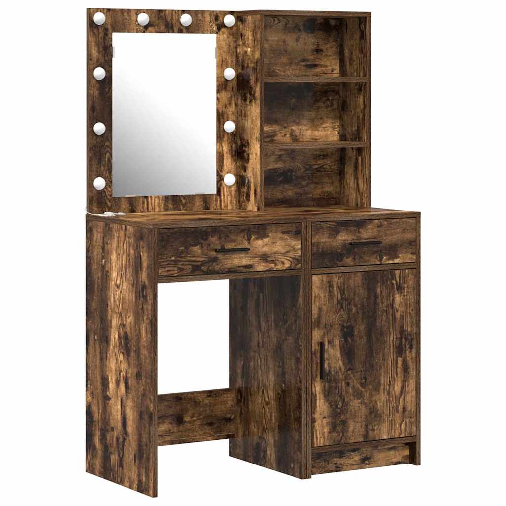 Makeupbord sæt med LED med hylde 2 pcs Røget eg Konstrueret træ