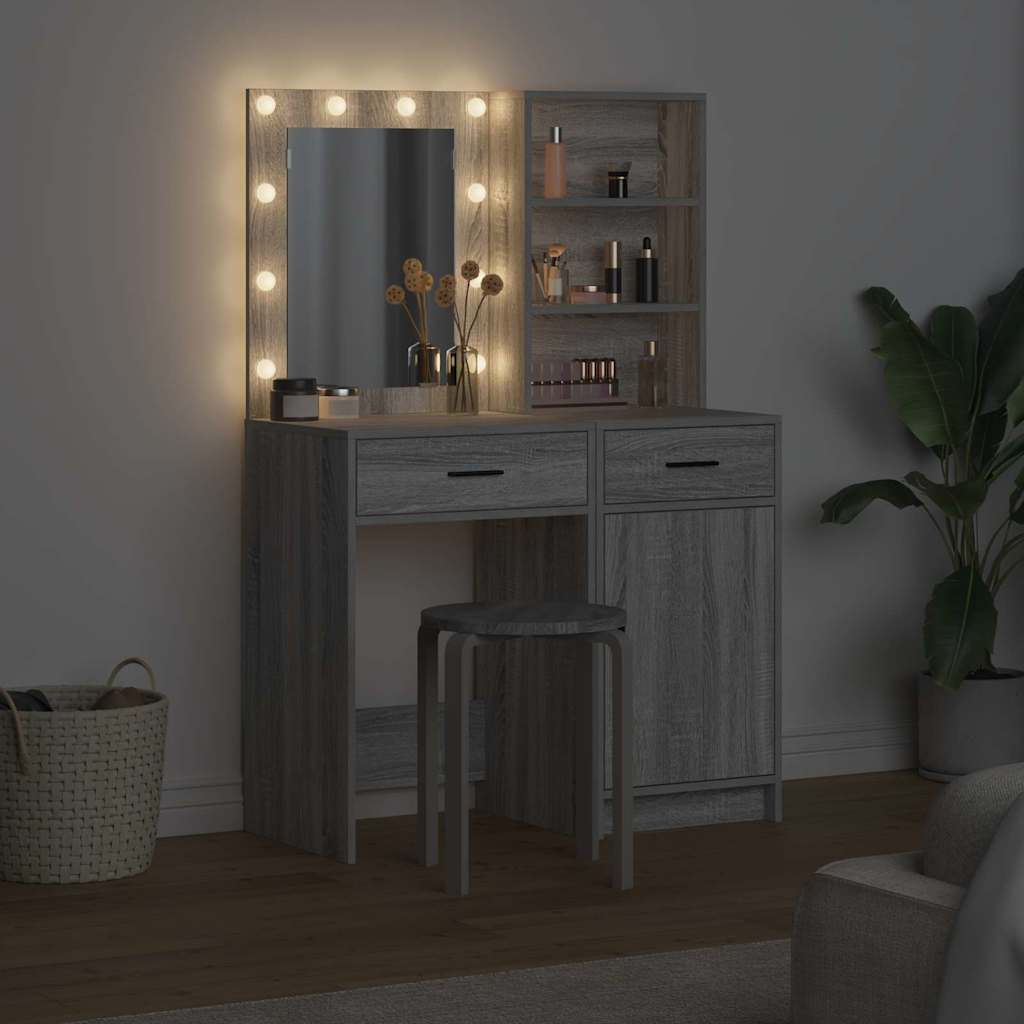 Makeupbord sæt med LED med dør 2 pcs Grå Sonoma Konstrueret træ