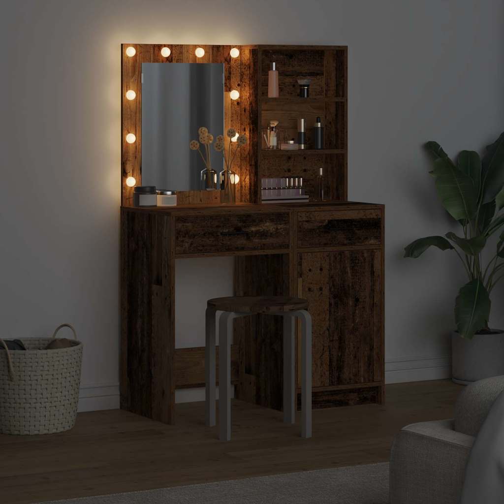 Makeupbord sæt med LED 2 pcs Gammelt træ Konstrueret træ