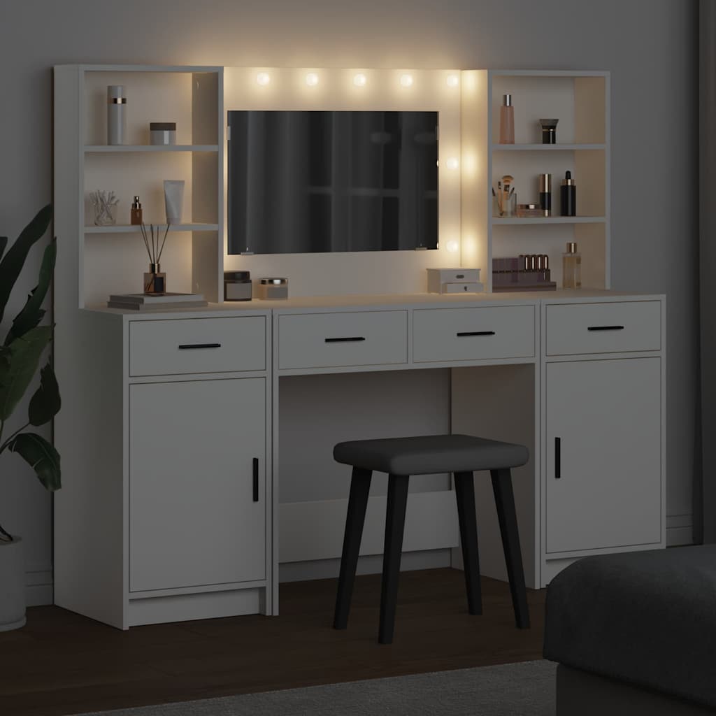 Makeupbord sæt med LED med spejllys 3 pcs Hvid Konstrueret træ