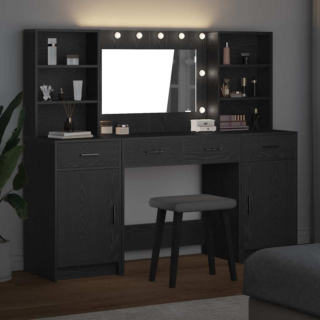 Makeupbord sæt med LED med skuffe 3 pcs Sort eg Konstrueret træ