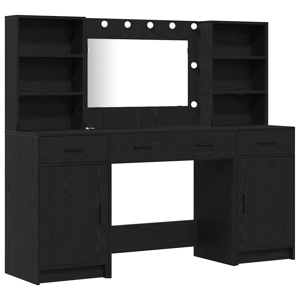 Makeupbord sæt med LED med skuffe 3 pcs Sort eg Konstrueret træ
