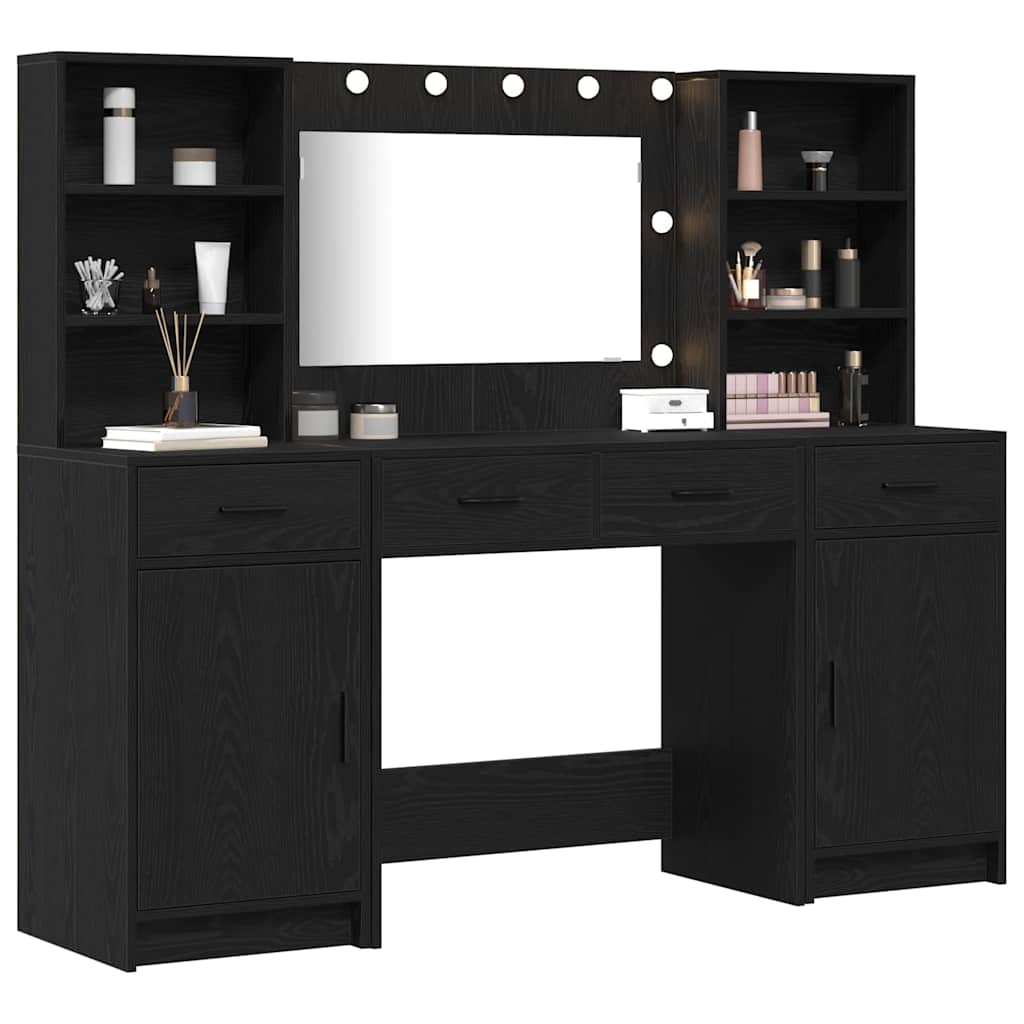 Makeupbord sæt med LED med skuffe 3 pcs Sort eg Konstrueret træ