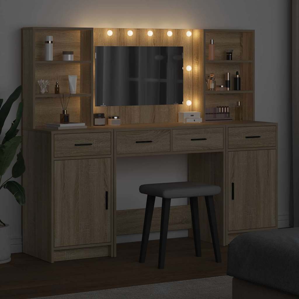 Makeupbord sæt med LED med dør 3 pcs Sonoma eg Konstrueret træ