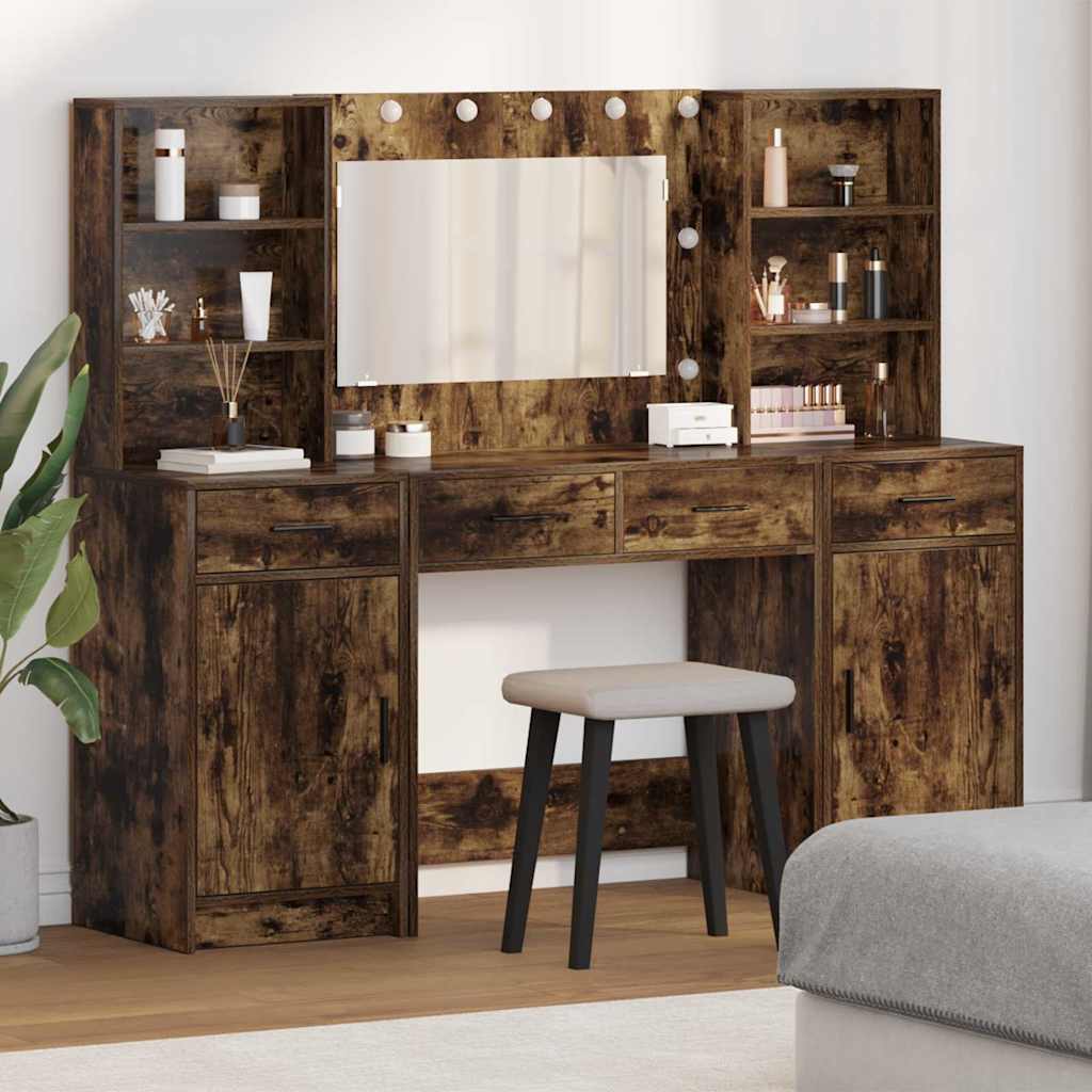 Makeupbord sæt med LED med hylde 3 pcs Røget eg Konstrueret træ