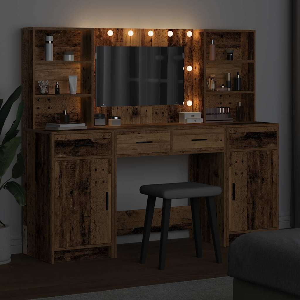 Makeupbord sæt med LED 3 pcs Gammelt træ Konstrueret træ