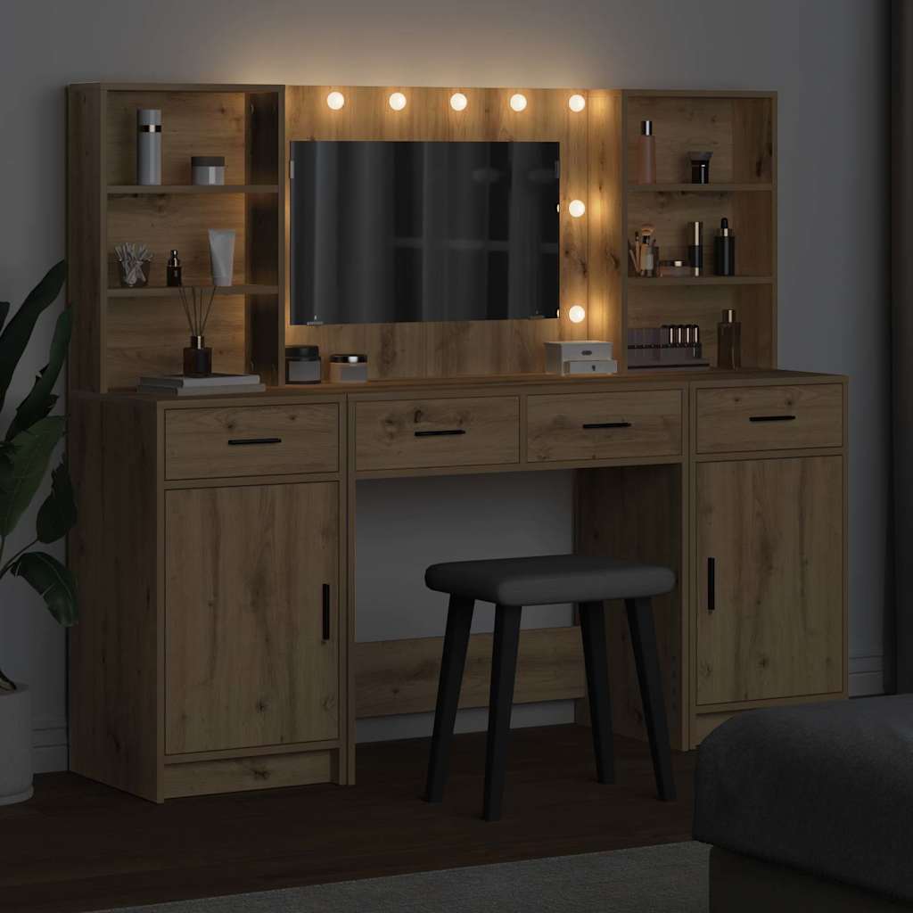 Makeupbord sæt med LED 3 pcs Artisan Egetræ Konstrueret træ