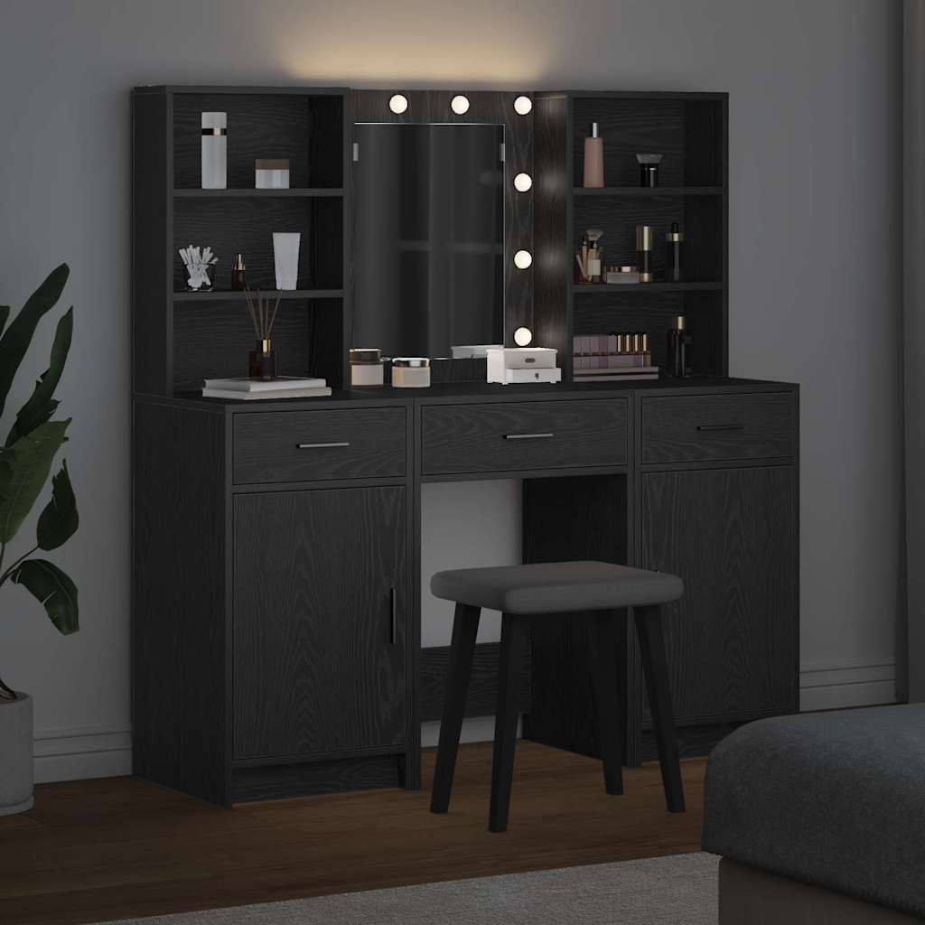 Makeupbord sæt med LED med skuffe 3 pcs Sort eg Konstrueret træ