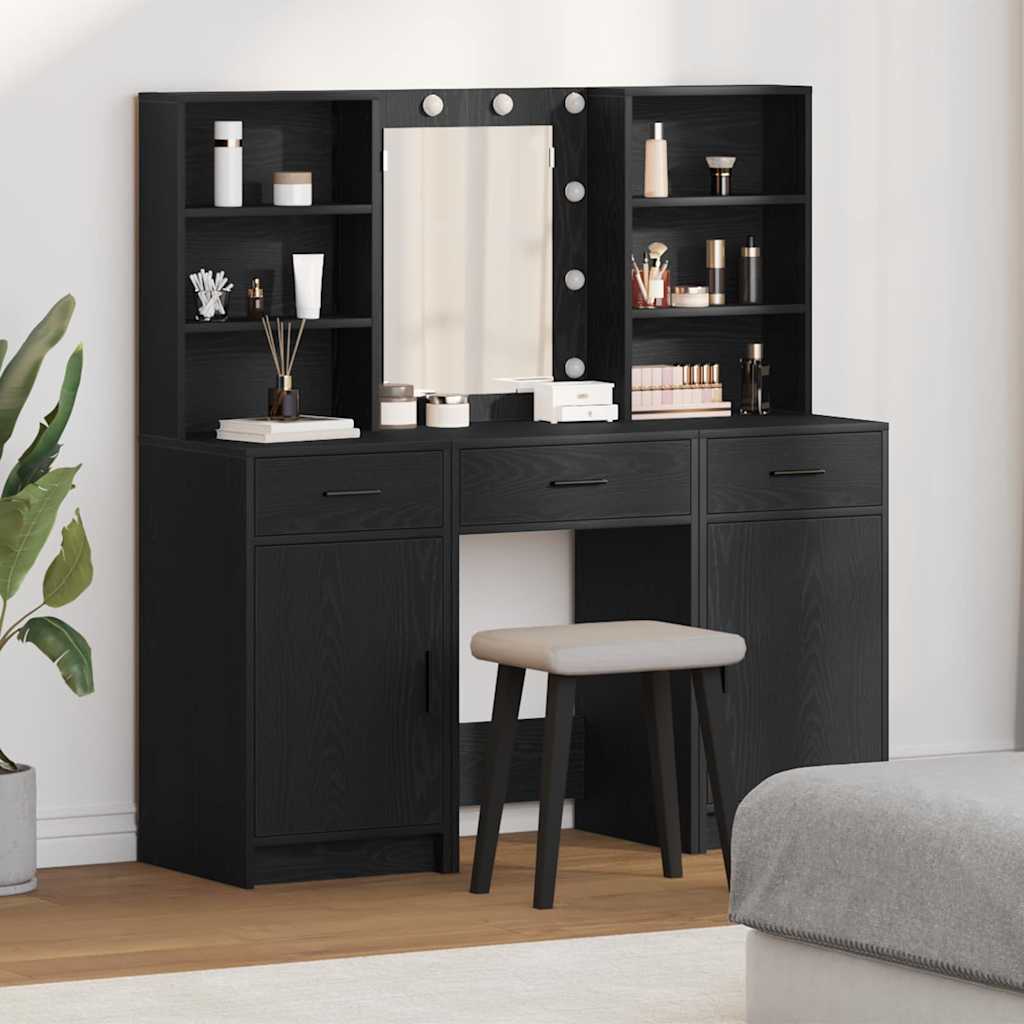 Makeupbord sæt med LED med skuffe 3 pcs Sort eg Konstrueret træ