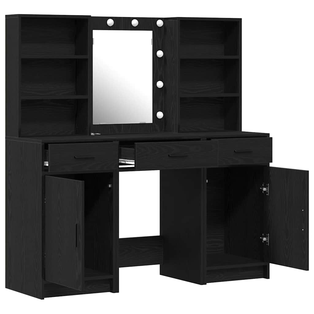 Makeupbord sæt med LED med skuffe 3 pcs Sort eg Konstrueret træ