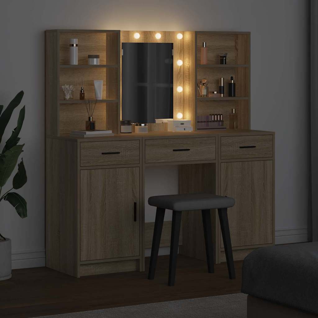 Makeupbord sæt med LED med dør 3 pcs Sonoma eg Konstrueret træ