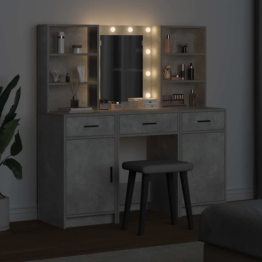 Makeupbord sæt med LED med dør 3 pcs Beton Grå Konstrueret træ