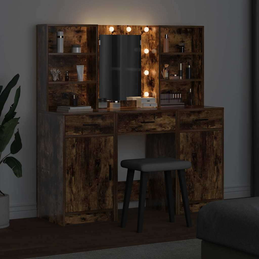 Makeupbord sæt med LED med hylde 3 pcs Røget eg Konstrueret træ