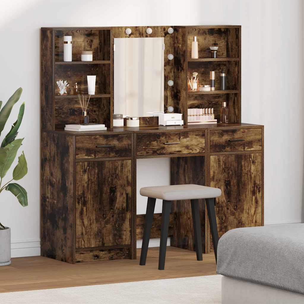 Makeupbord sæt med LED med hylde 3 pcs Røget eg Konstrueret træ