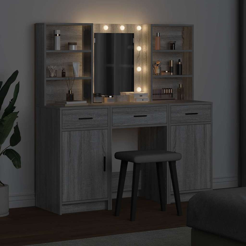 Makeupbord sæt med LED med dør 3 pcs Grå Sonoma Konstrueret træ