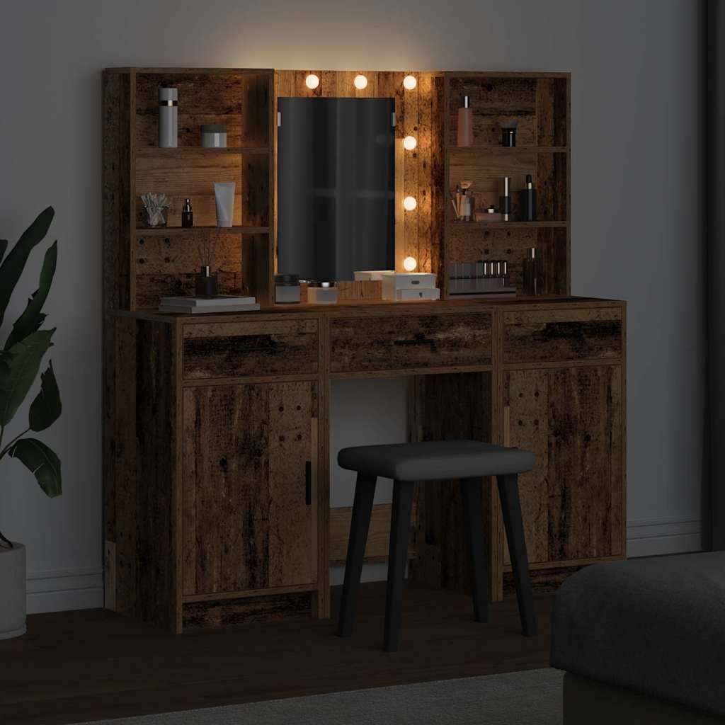 Makeupbord sæt med LED 3 pcs Gammelt træ Konstrueret træ