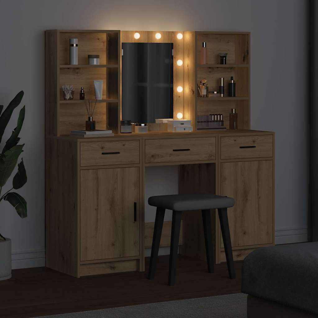 Makeupbord sæt med LED 3 pcs Artisan Egetræ Konstrueret træ