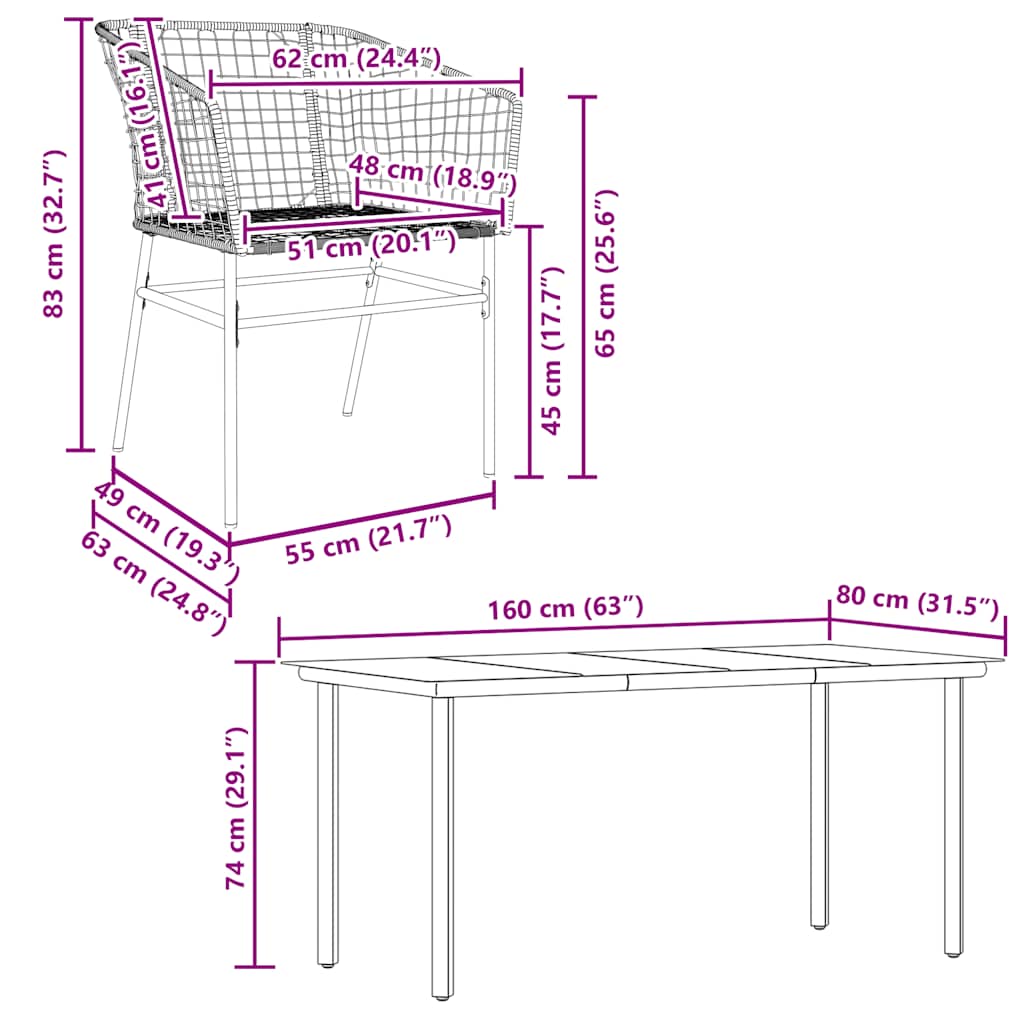 5 dele spisebordssæt til haven polyrattan glas brun