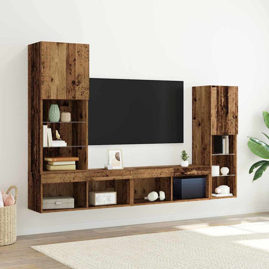 TV-skab med LED -strimmellys 4 pcs Gammelt træ Konstrueret træ