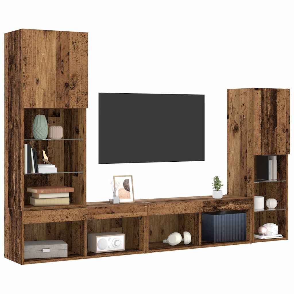TV-skab med LED -strimmellys 4 pcs Gammelt træ Konstrueret træ
