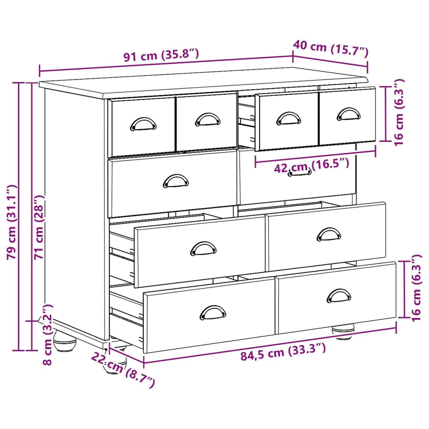 Skuffeskab ASKIM Hvid 91 x 40 x 79 cm Massiv fyrretræ