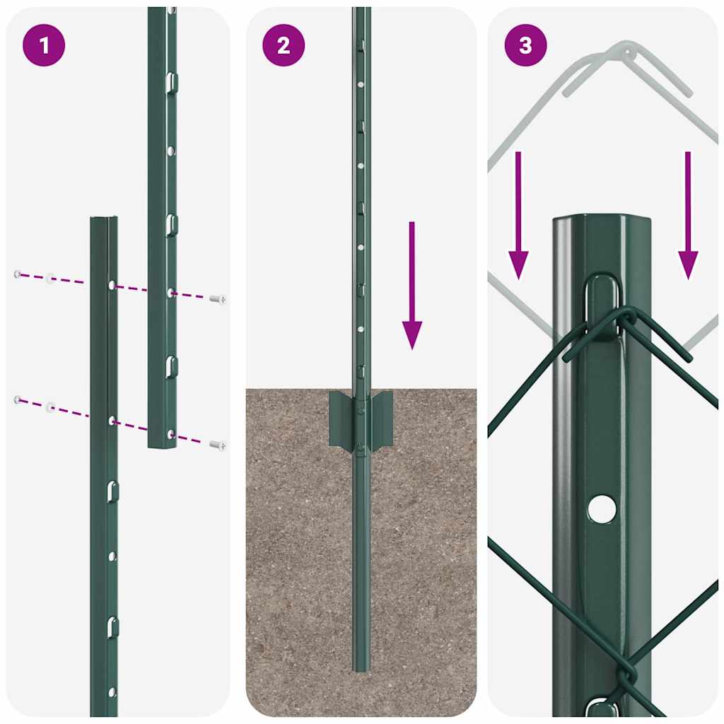 Kæde-link hegn med stolpe 25 x 1,5 m Galvaniseret stål Grøn