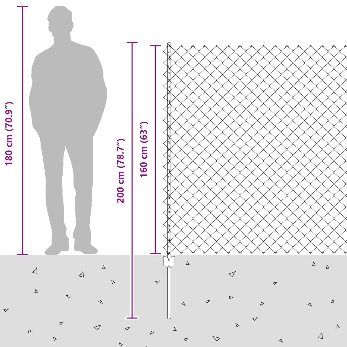 Udendørs kædehegn med stolpe 10 x 1,6 m PVC-belagt stål Grå