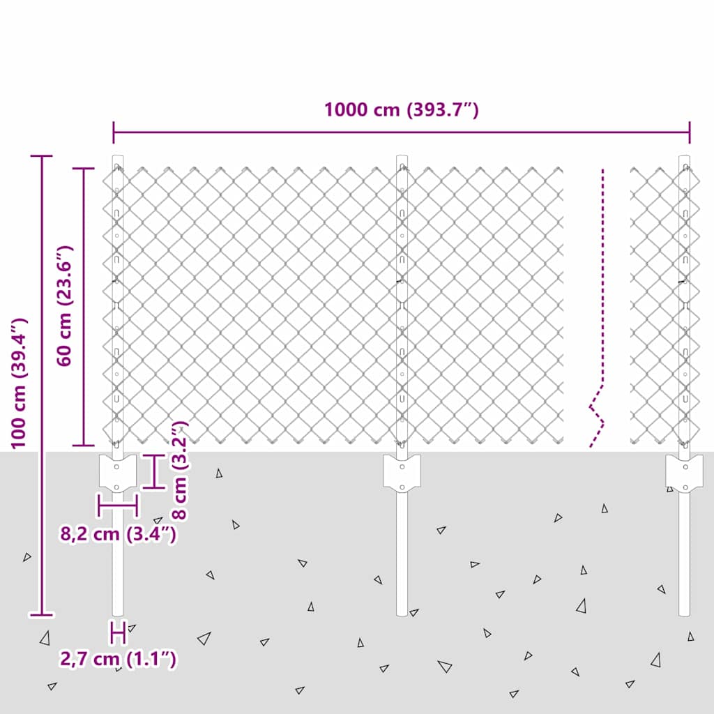 Kæde-link hegn med stolpe 10 x 0,6 m Galvaniseret stål Sølv