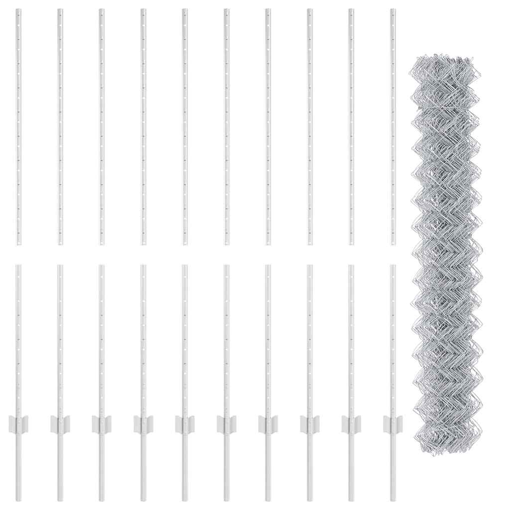Kæde-link hegn med stolpe 10 x 1,4 m Galvaniseret stål Sølv